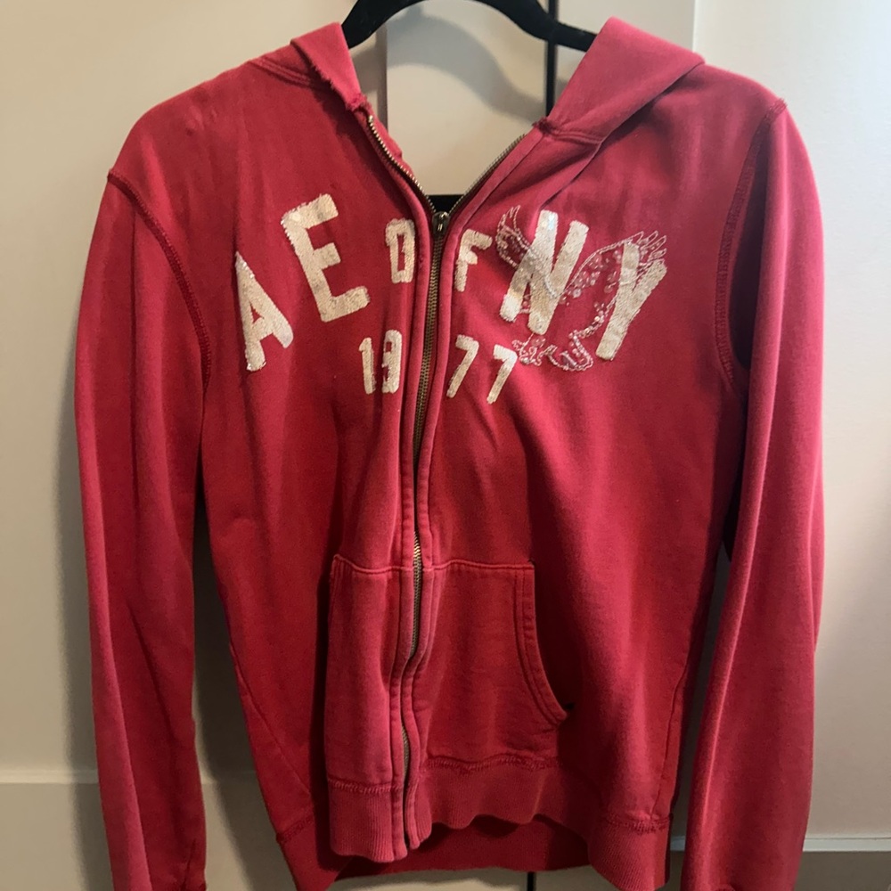 American Eagle Outfitters Red Zip Hoodie with Chest Logo